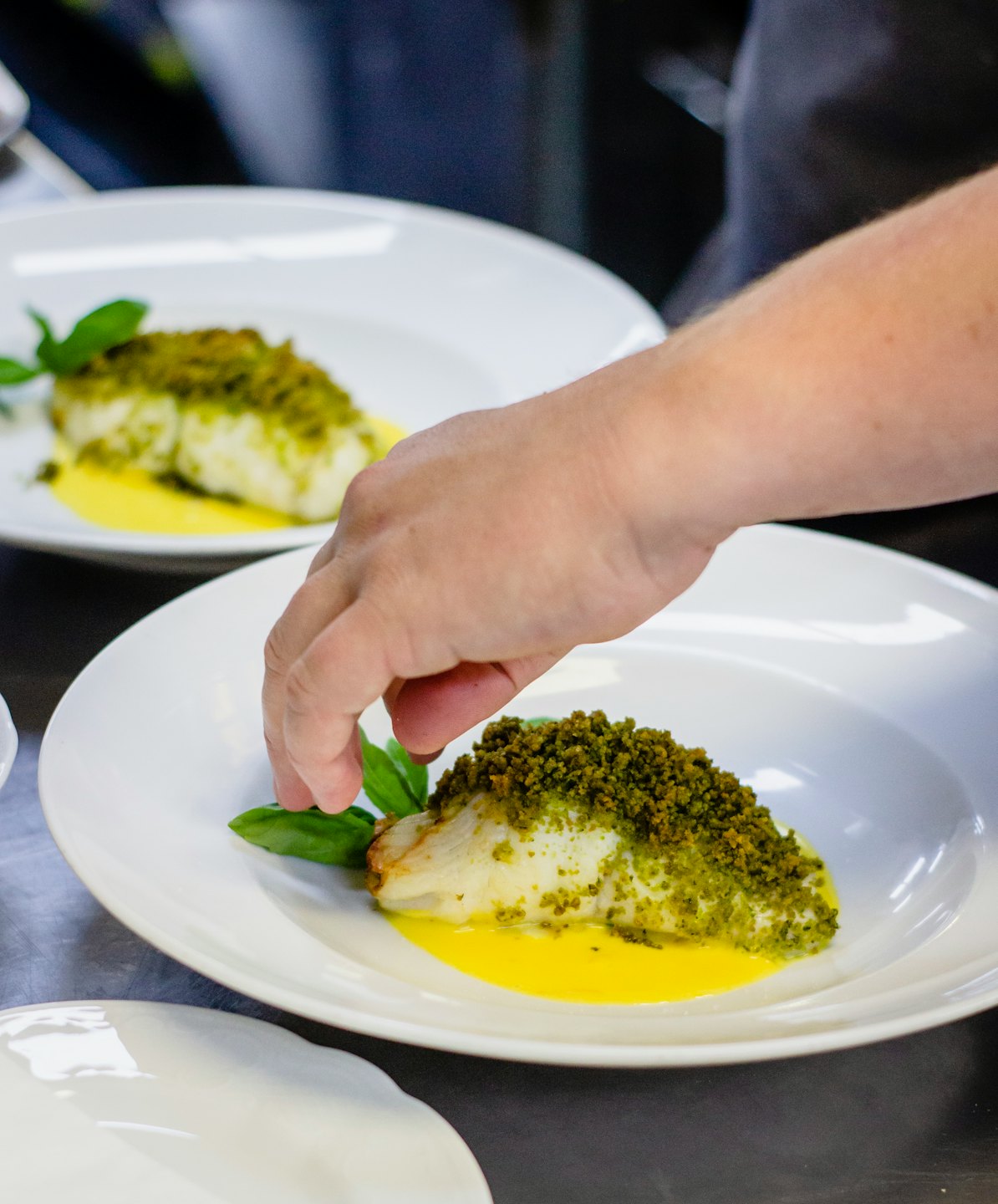 Chef emplatando un pescado blanco con albahaca sobre salsa amarilla.